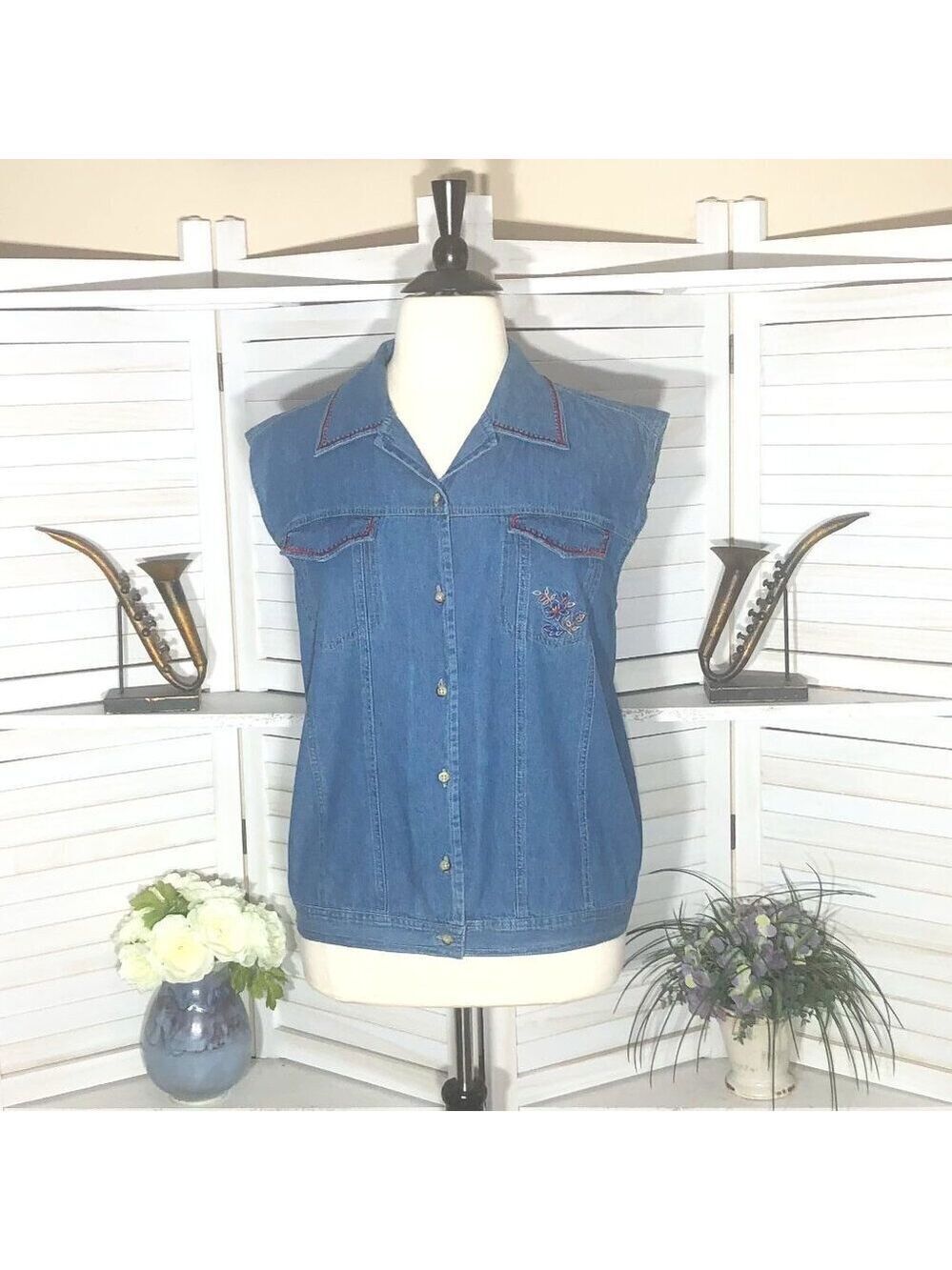 Vintage 90s Y2K Denim Vest Embroidered Floral Cotton 2X